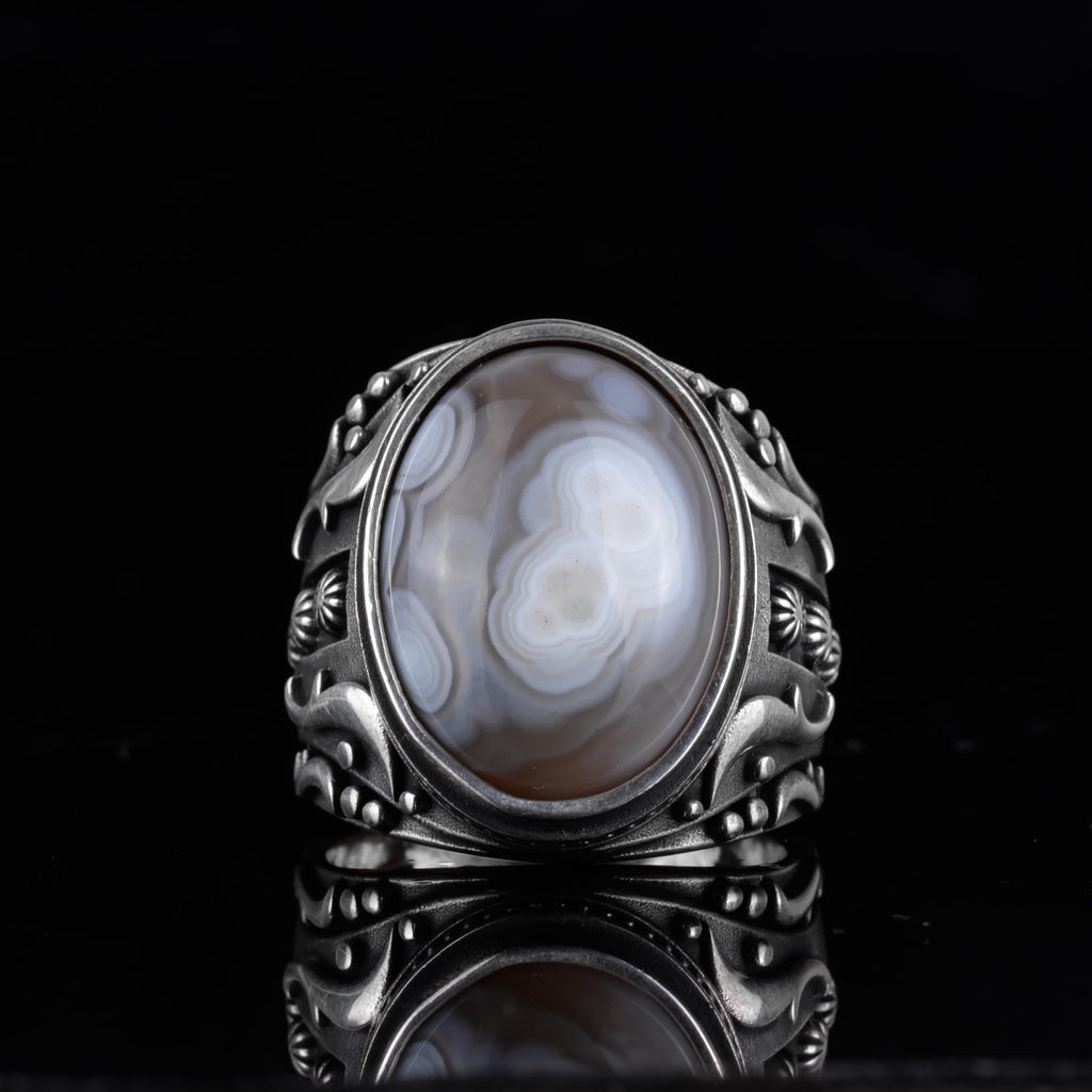 KAMBO Men's Natural Agate Ring – 925 Sterling Silver Flower Pattern Ring – Handmade Vintage Style Men's Statement Ring (Agate-1) — 4