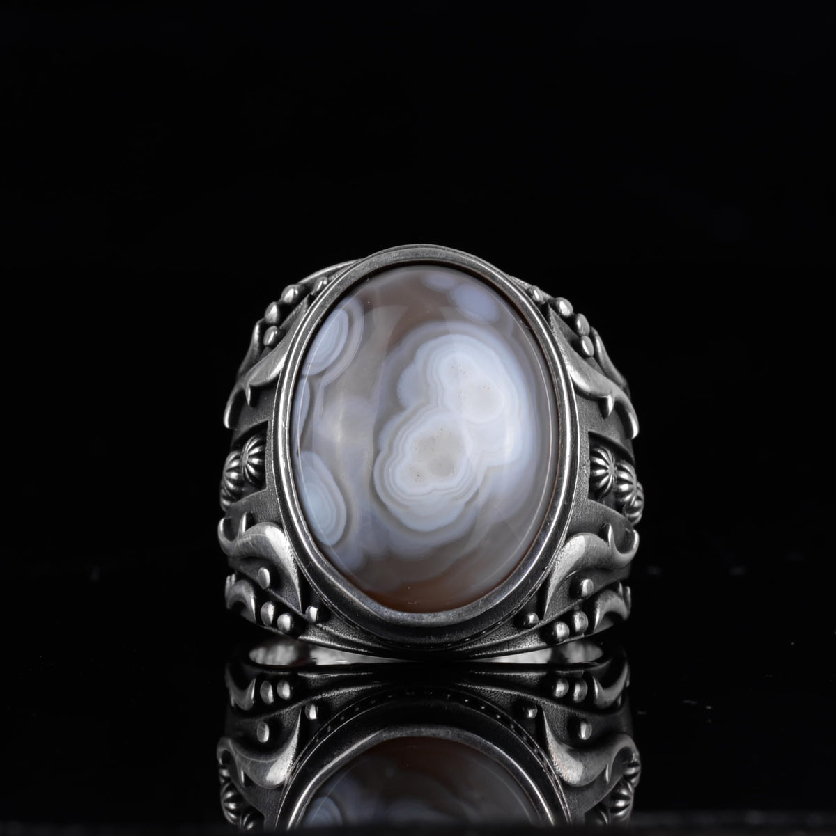 KAMBO Men's Natural Agate Ring – 925 Sterling Silver Flower Pattern Ring – Handmade Vintage Style Men's Statement Ring (Agate-1) — 4