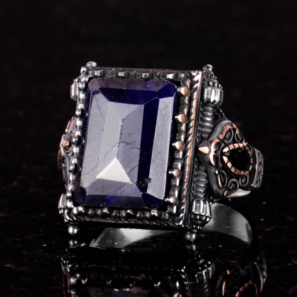 Kambo Real Natural Stone Ring - 925 Sterling Silver Men's Ring, Modern Design (Blue Sapphire) — 5