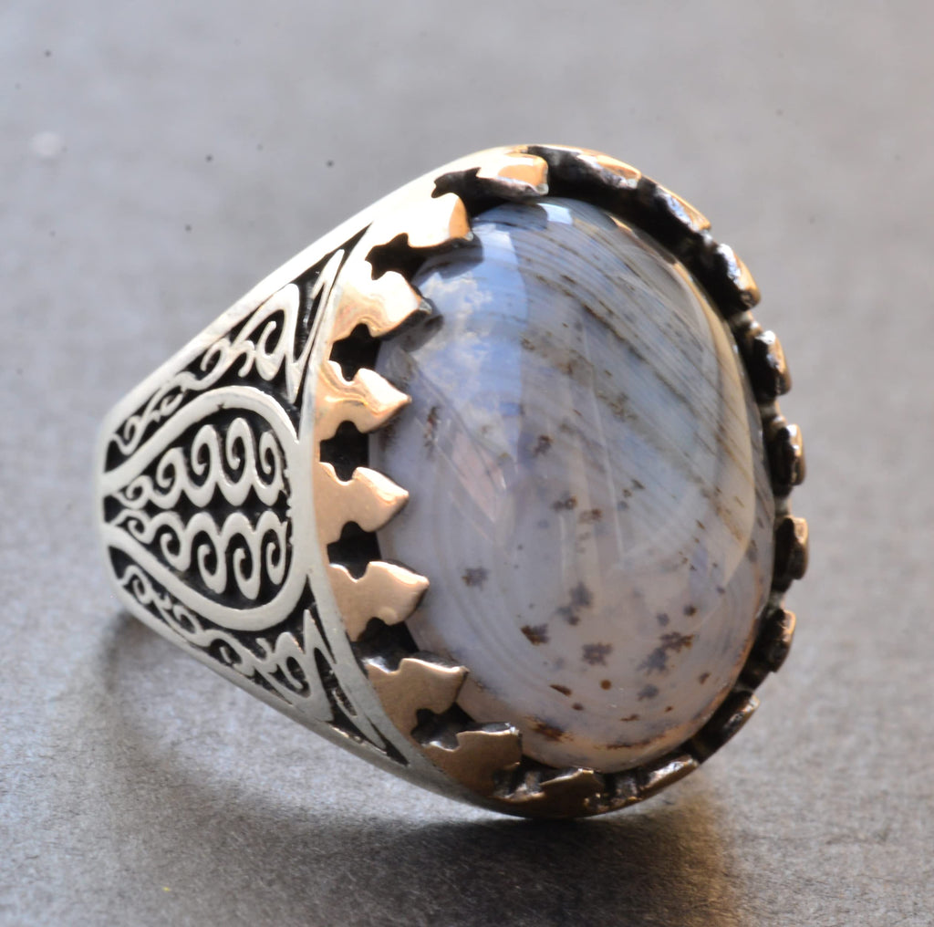 925 Sterling Silver Men's Ring - Natural Beige Wood Stone Vintage Design — 3