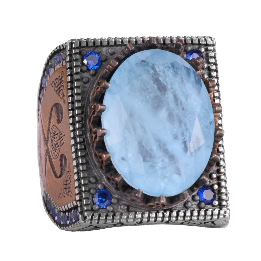 925 Sterling Silver Islamic Ring, Artificial Stone Ring, Handmade Calligraphy Written Ring (Artificial Light Blue Paraiba)