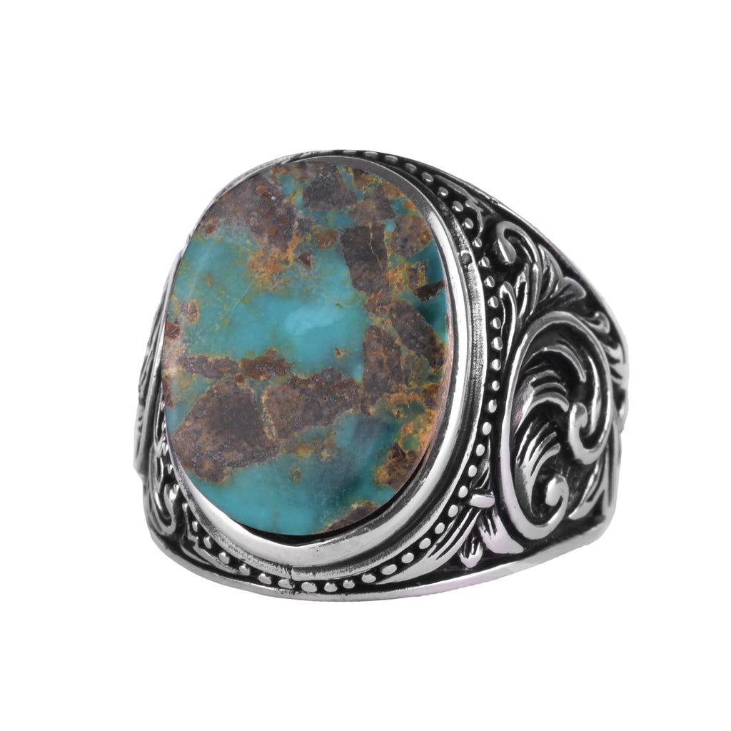 KAMBO Natural Turquoise Stone Men's Ring 925 Sterling Silver Oval Cabochon Ottoman Sliding Pattern Handmade Vintage Style Ring (Turquoise-3)
