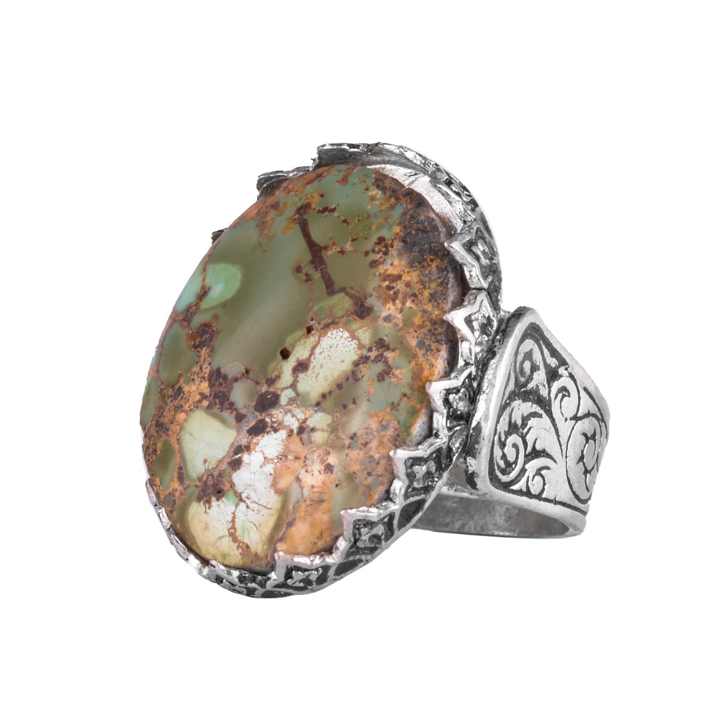 KAMBO Natural Turquoise Large Men's Ring 925 Sterling Silver Oval Statement Ring Raw Stone Vintage Handmade Ring (Turquoise-4)