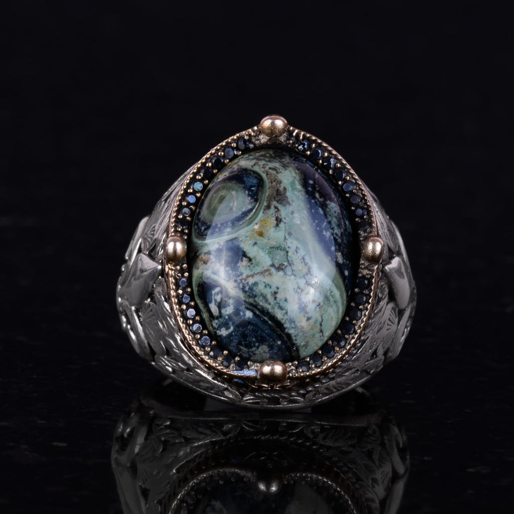 925 Sterling Silver Handcrafted Men's Ring - Available with Different Natural Stones (Green Eye) — 2