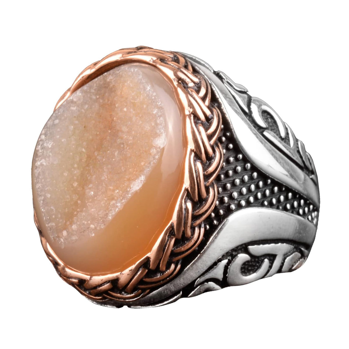 Natural Druzy Crystal Quartz Stone Ring - 925 Sterling Silver (Yellow)