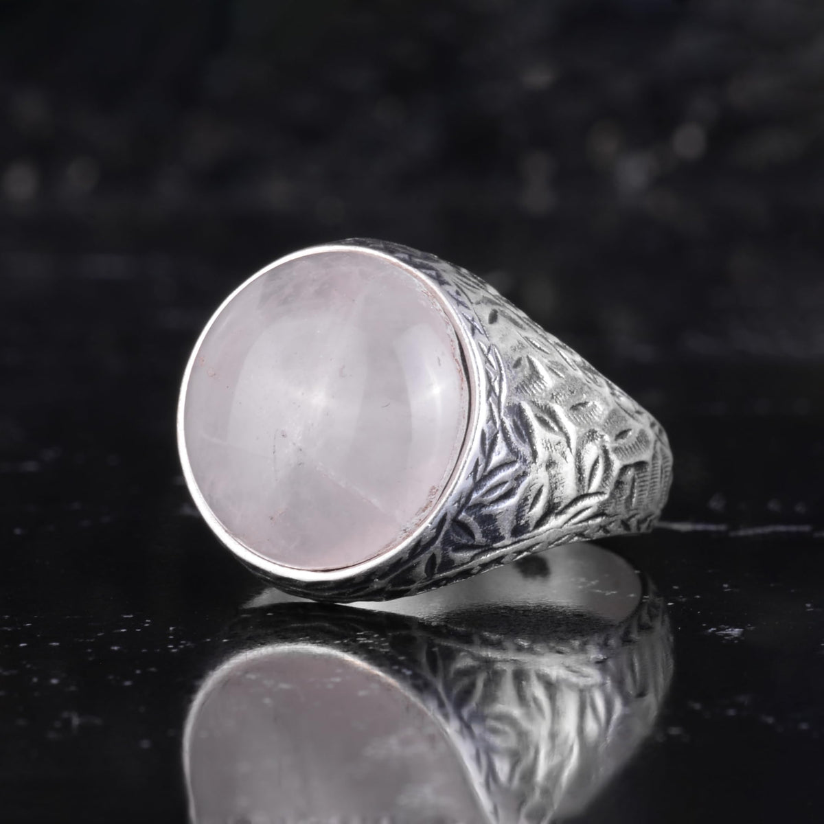 KAMBO Natural Stone Men's Ring 925 Sterling Silver Round Cabochon Handmade Statement Ring Stone (Rose Quartz) — 5