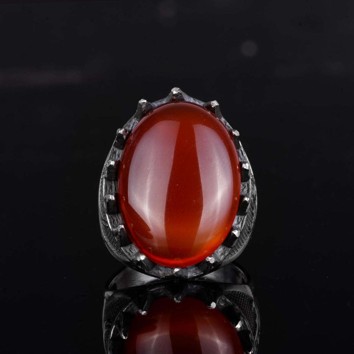 KAMBO Natural Stone Men's Large Ring – 925 Sterling Silver Ottoman Sword Motif Signet Ring (Red Agate) — 4