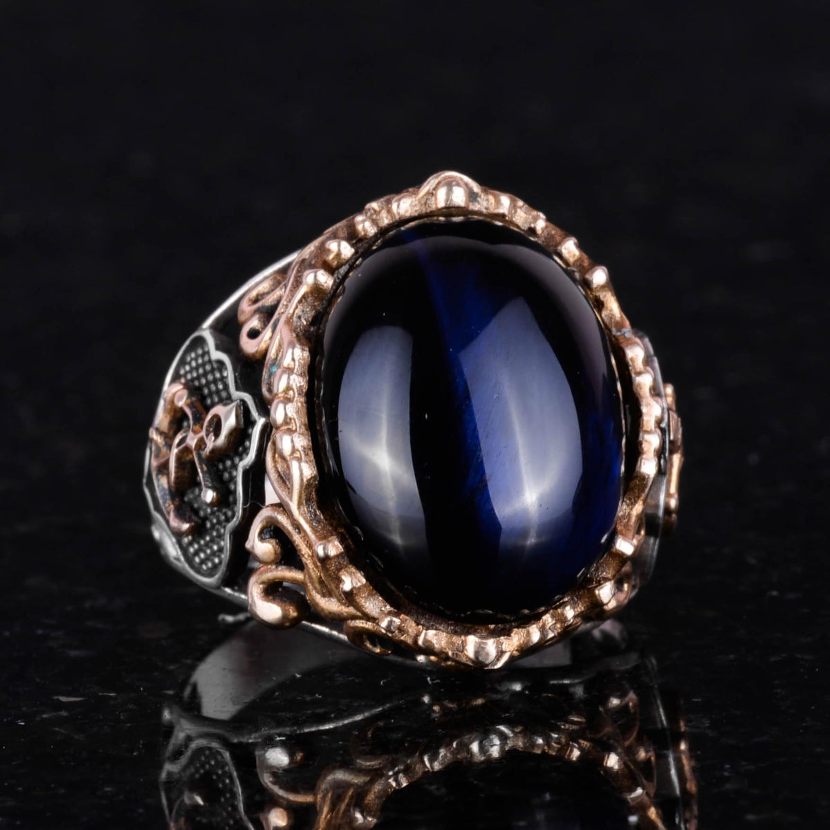 Nautical Anchor Dark Blue Cat's Eye Synthetic Stone Ring, 925 Sterling Silver — 4