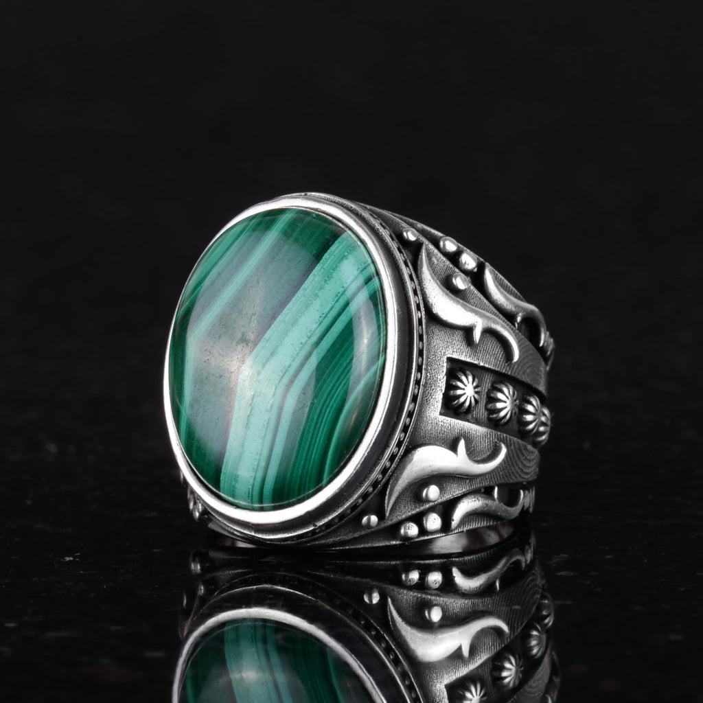 Natural Malachite Stone Ring, 925 Sterling Silver Men's Ring (Model-2) — 6