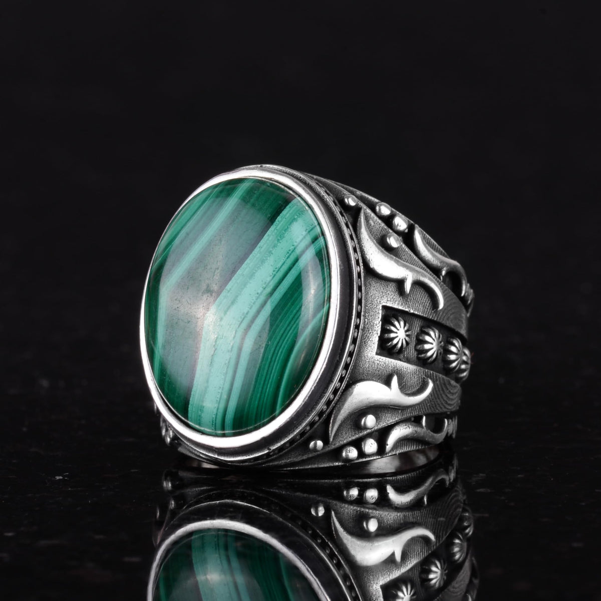 Natural Malachite Stone Ring, 925 Sterling Silver Men's Ring (Model-2) — 6
