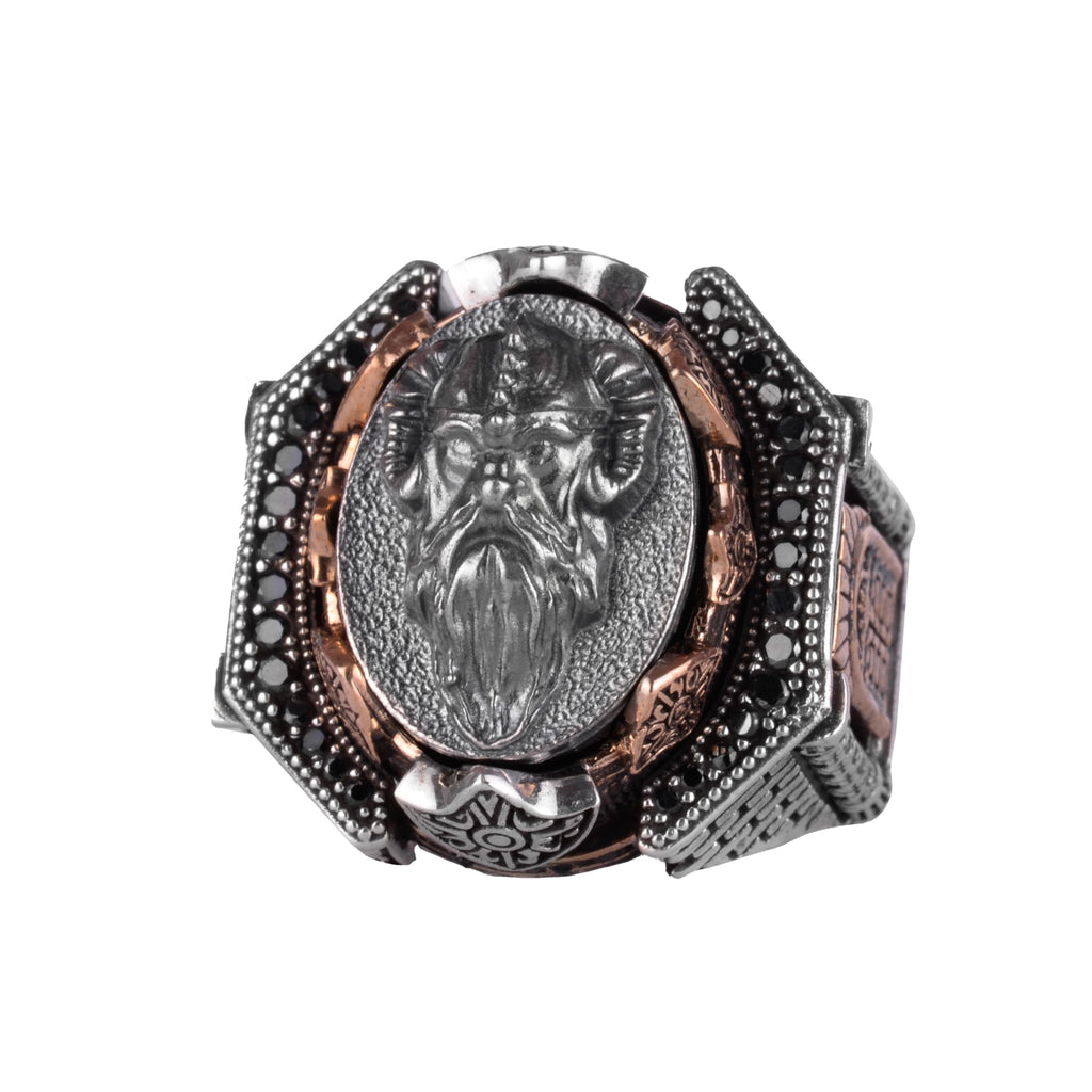 KAMBO Large Men's 925 Sterling Silver Ring Figure – Bronze Detail – Carved Statement Ring (Protective Figure)