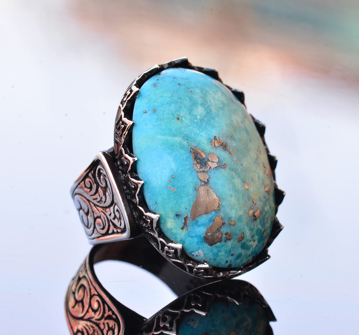 KAMBO Handmade Men's Natural Turquoise Ring in 925 Sterling Silver - Large Vintage Statement Ring for Him - Unique Style