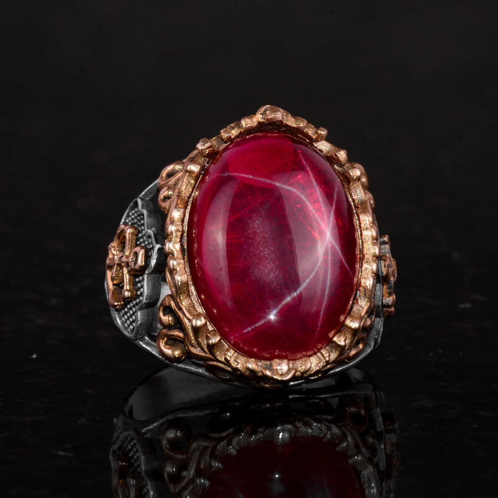 Nautical Anchor Ring - Natural Star Ruby Stone 925 Sterling Silver Men's Ring — 6