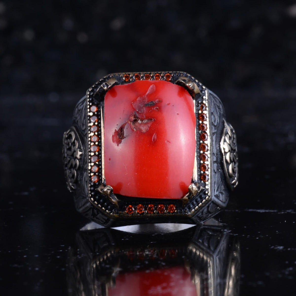 KAMBO Natural Red Coral Large Men's Ring - 925 Sterling Silver Rectangular Seal Ring, Handmade Vintage Jewelry — 4