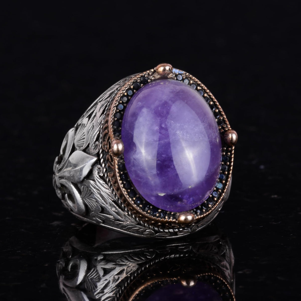 925 Sterling Silver Handmade Men's Ring - Available with Different Natural Stones (Amethyst) — 5