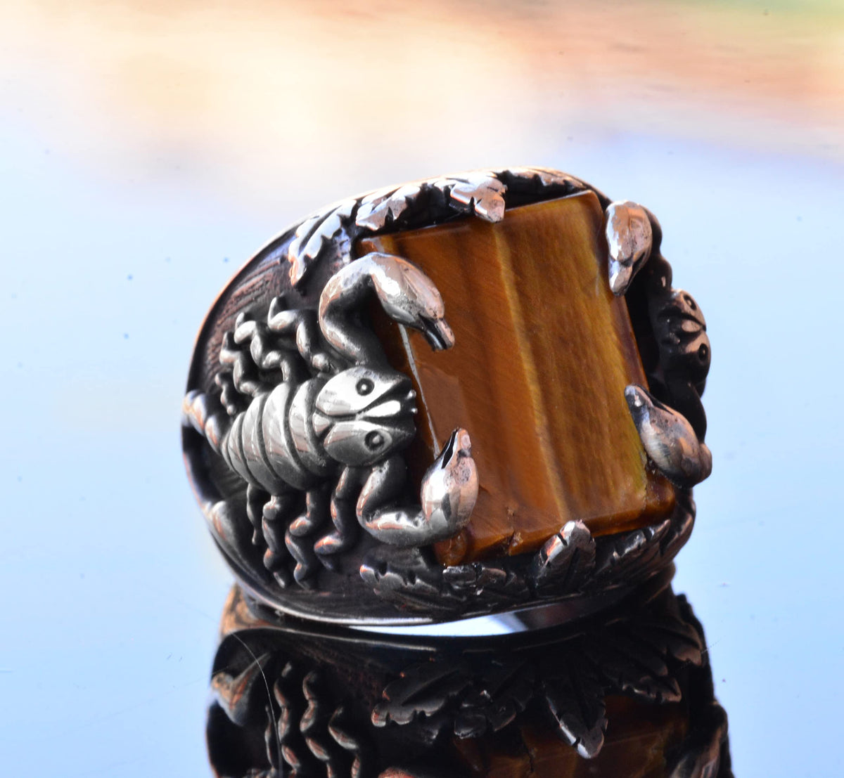 Handmade Silver Men's Ring | Natural Tiger's Eye Stone and Scorpion Design | Bold and Protective — 3