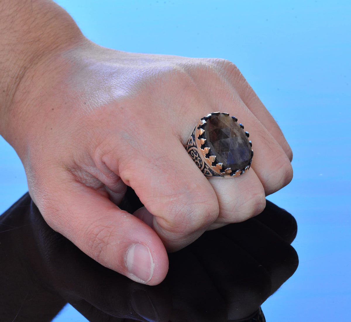 Natural Sapphire Oval Stone Ring - Silver Men's Ring — 7