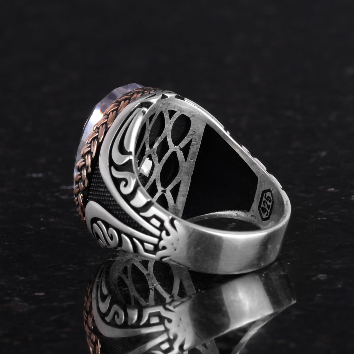 Kambo 925 Sterling Silver Men's Ring – Unique Handmade Ring with Synthetic Stone (Synthetic Crystal) — 7