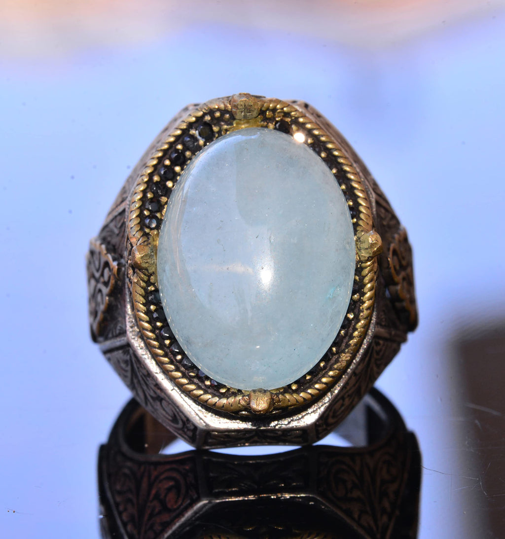 Handmade Vintage Design Emerald Ring - 925 Sterling Silver Men's Ring with Gold Accent (Aquamarine) — 5