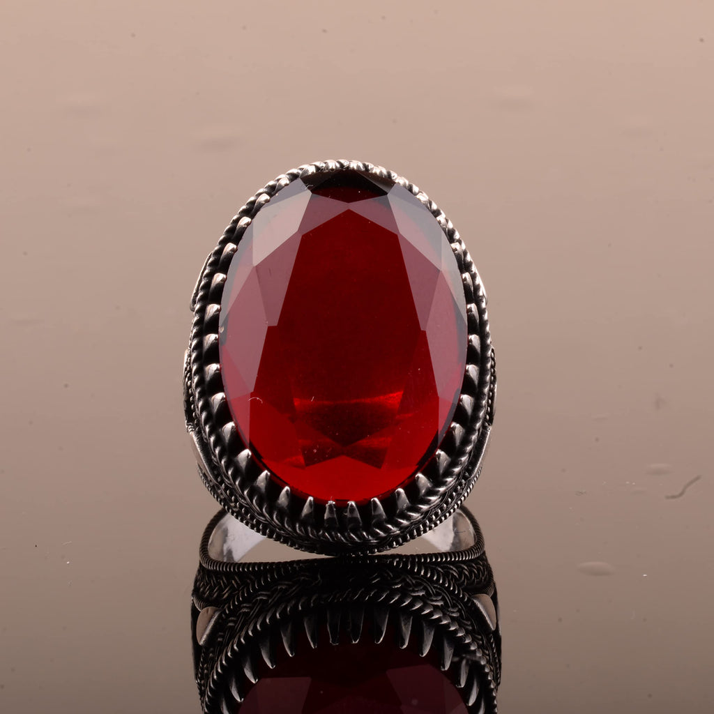 925 Sterling Silver Men's Ottoman Seal Ring, Artificial Garnet Stone — 7