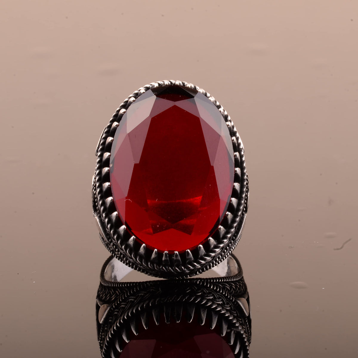 925 Sterling Silver Men's Ottoman Seal Ring, Artificial Garnet Stone — 7