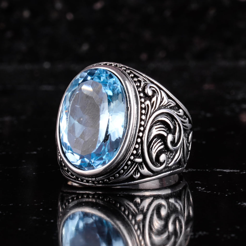 KAMBO Natural Swiss Blue Topaz Stone Ring 925 Sterling Silver Men's Ring Certified Oval Faceted Stone Handmade Vintage Design — 6