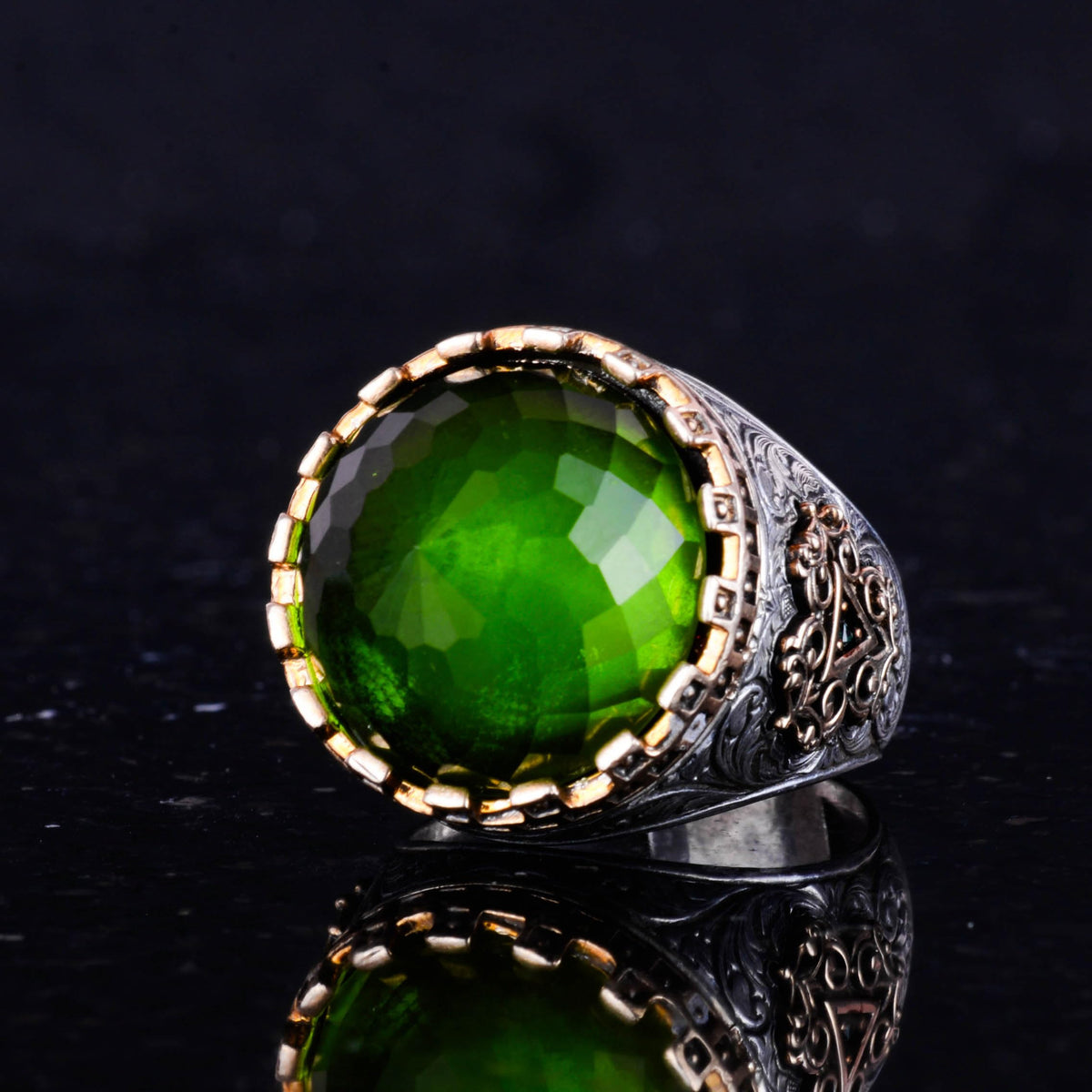 925 Sterling Silver Ring - King Ring - Artificial Stone Ring - Handmade Men's Ring (Artificial Peridot) — 6