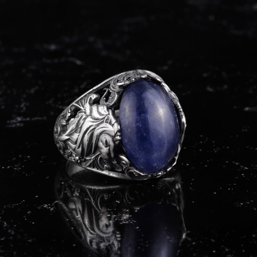 KAMBO Natural Stone Men's Ring 925 Sterling Silver - Large Flower Engraved Statement Ring - Handmade Vintage Ring for Men (Tanzanite) — 6