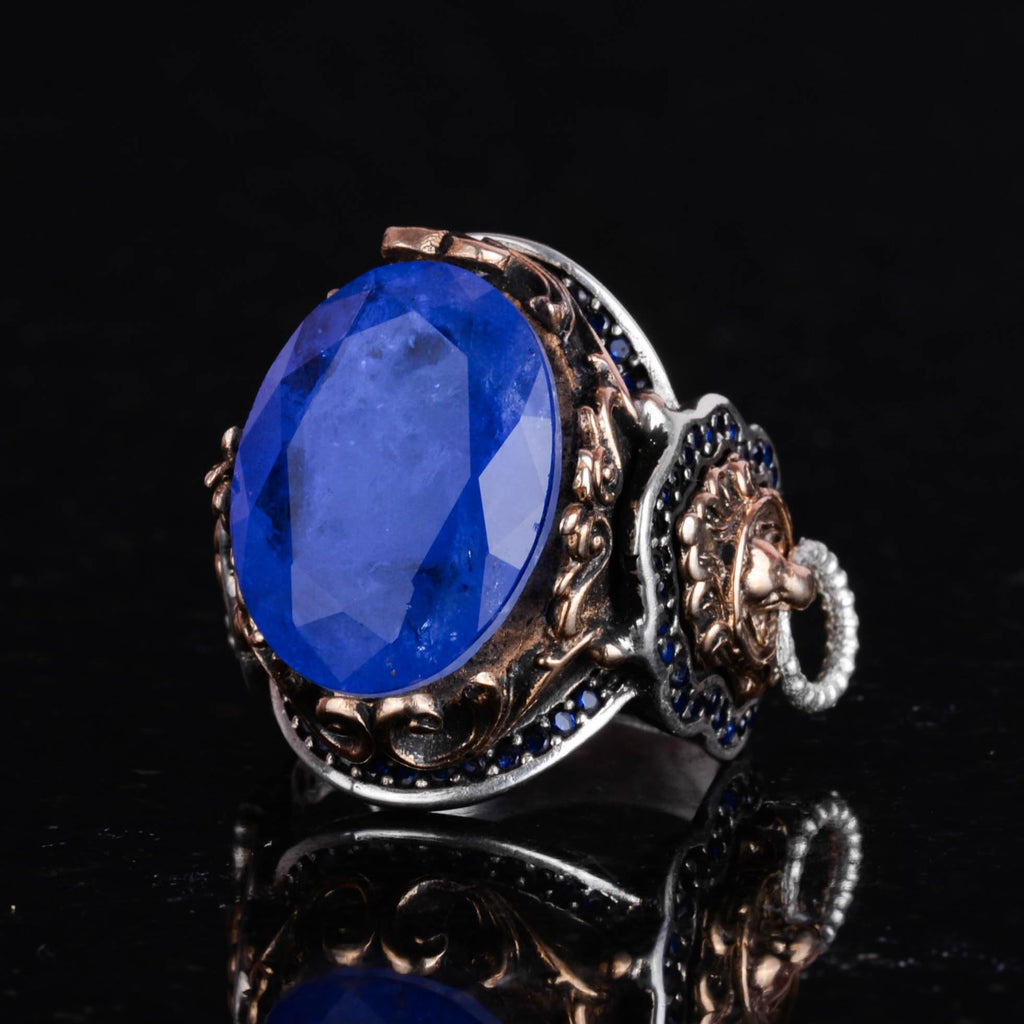 Lion Symbol Ring, Blue Artificial Paraiba Stone Ring, 925 Sterling Silver Ring, Stylish Handmade Silver Men's Ring — 5