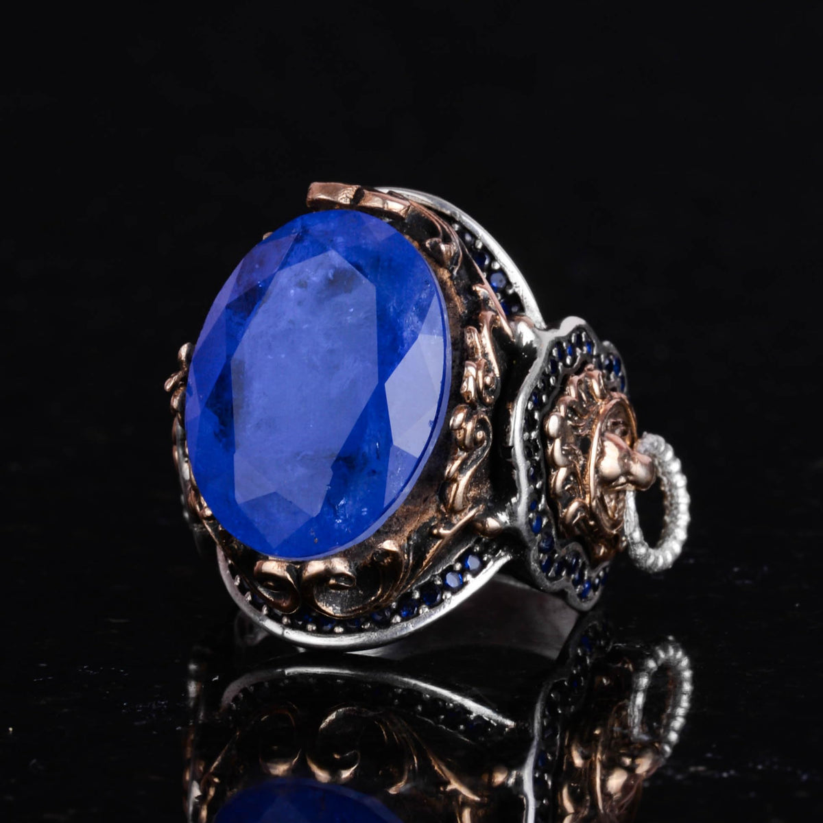 Lion Symbol Ring, Blue Artificial Paraiba Stone Ring, 925 Sterling Silver Ring, Stylish Handmade Silver Men's Ring — 5