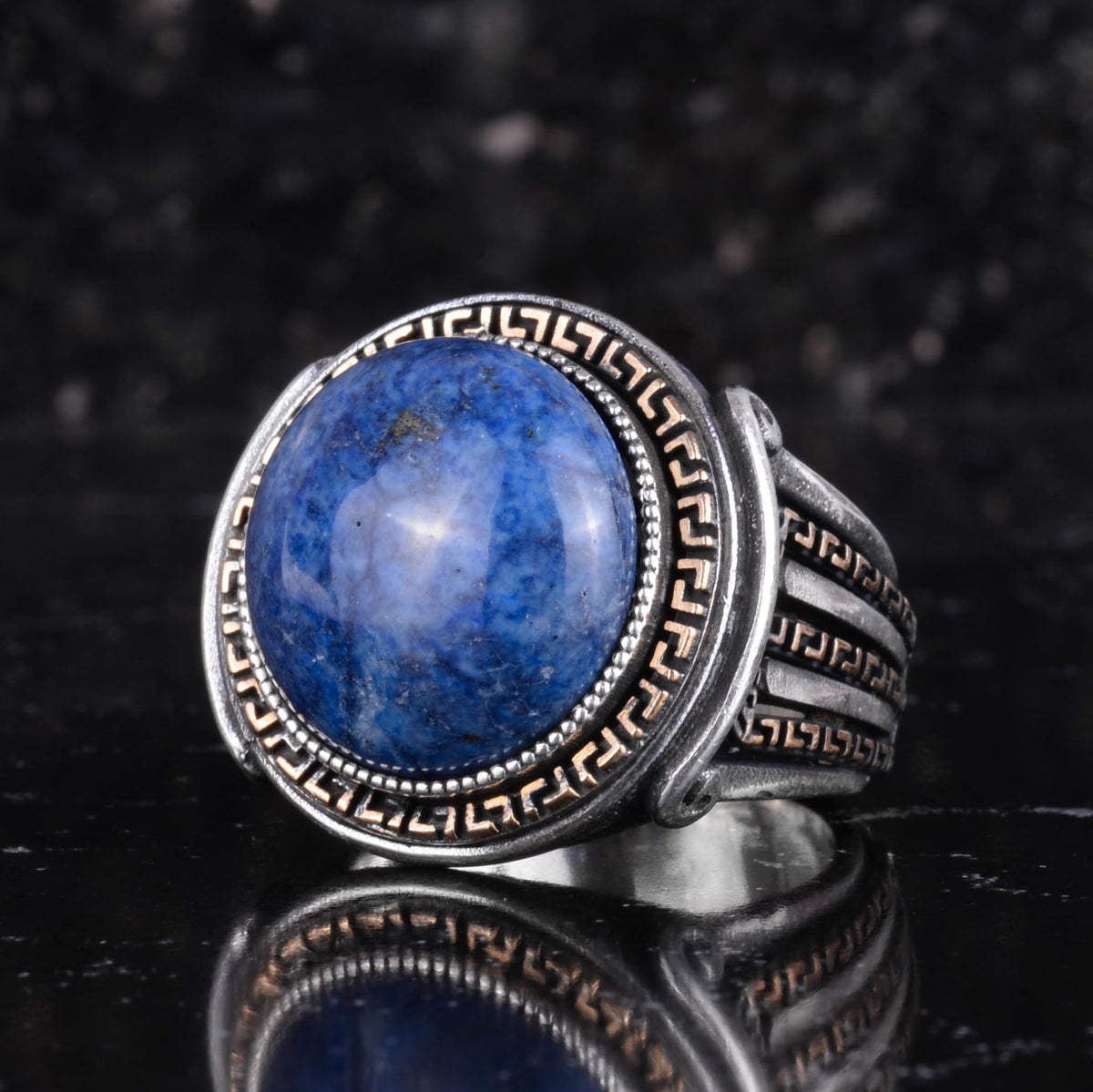 KAMBO Stone Round Men's Ring 925 Sterling Silver – Cabochon Handmade Vintage Greek Pattern Statement Ring (Lapis Lazuli) — 5