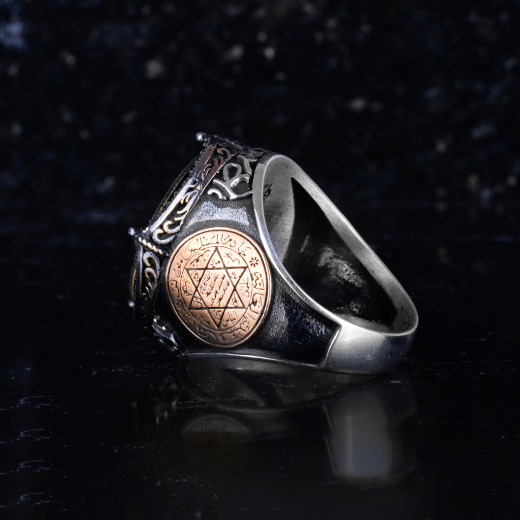 KAMBO Men's Ya Jabbar 925 Sterling Silver Ring – Bronze Star of David Detail – Islamic Calligraphy Ring — 7