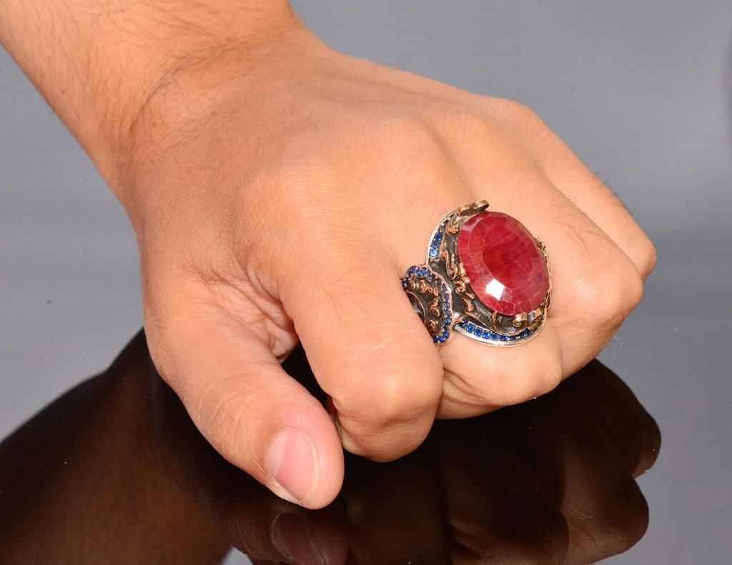 Handmade 925 Sterling Silver Lion Design Ring - Natural Ruby — 7