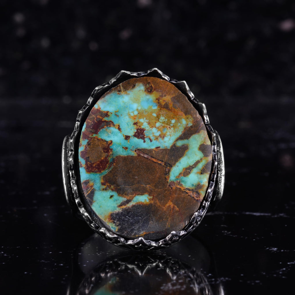 KAMBO Natural Turquoise Large Men's Ring 925 Sterling Silver Oval Statement Ring Raw Stone Vintage Handmade Ring (Turquoise-1) — 4