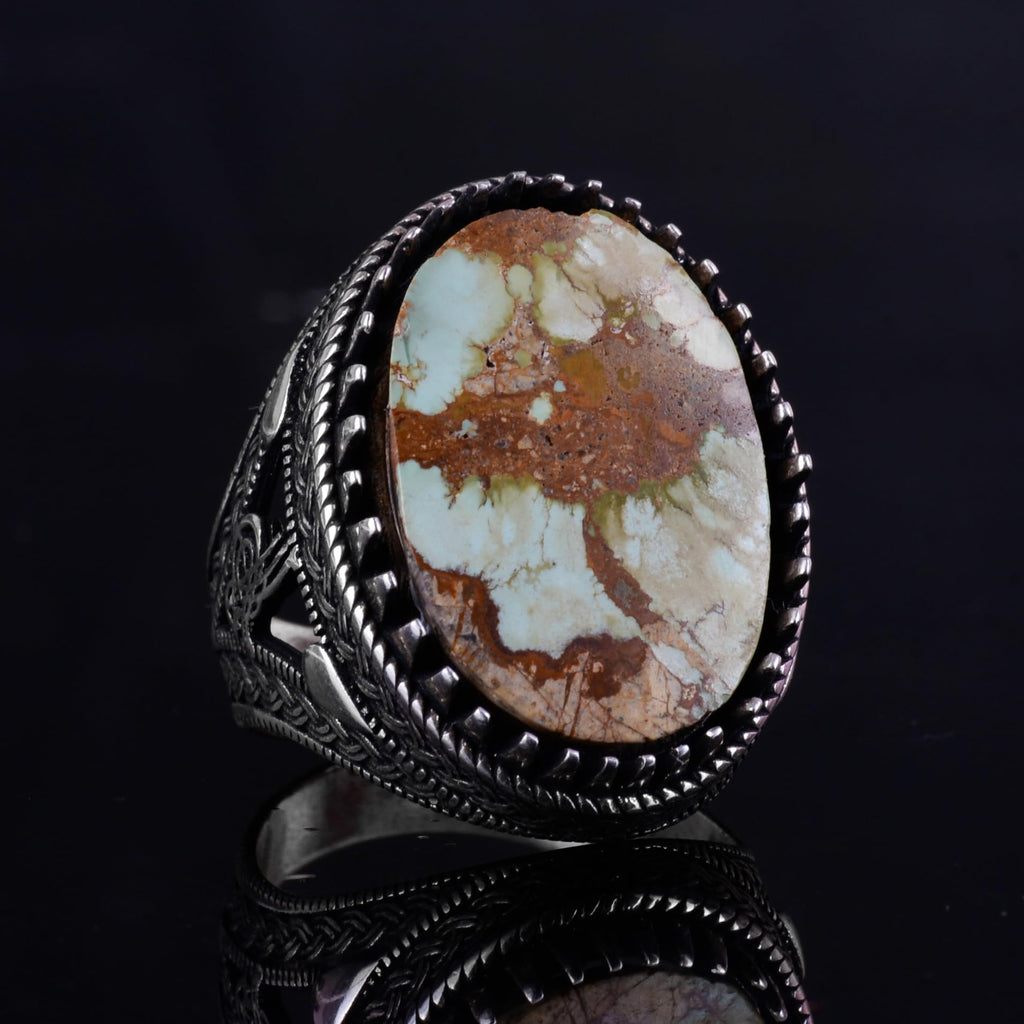 KAMBO Ottoman Tugra Design Natural Turquoise Stone Ring - 925 Sterling Silver Handmade Men's Ring (Style-4) — 5
