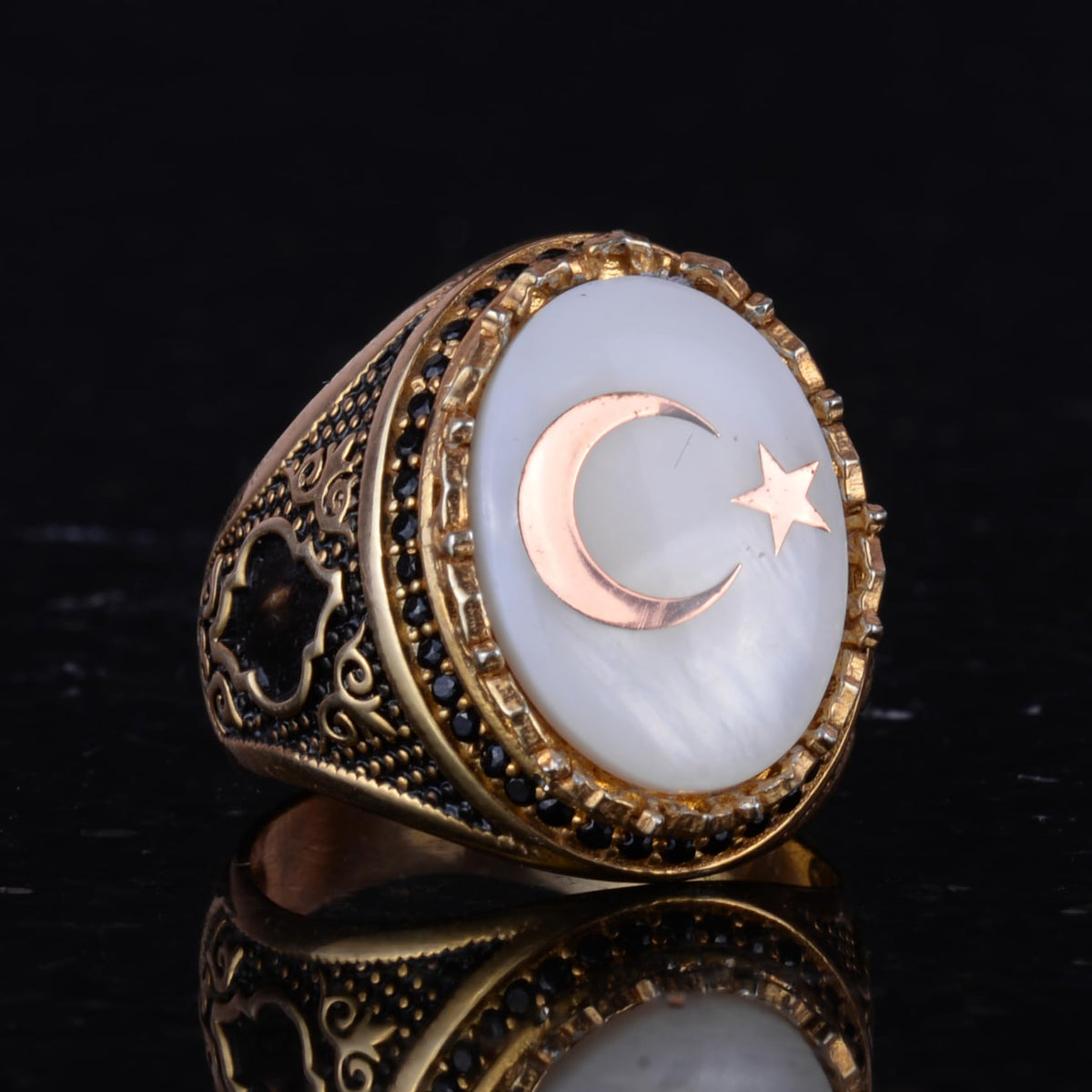 925 Sterling Silver Gold Plated Men's Ring - Crescent and Star Design (White) — 5