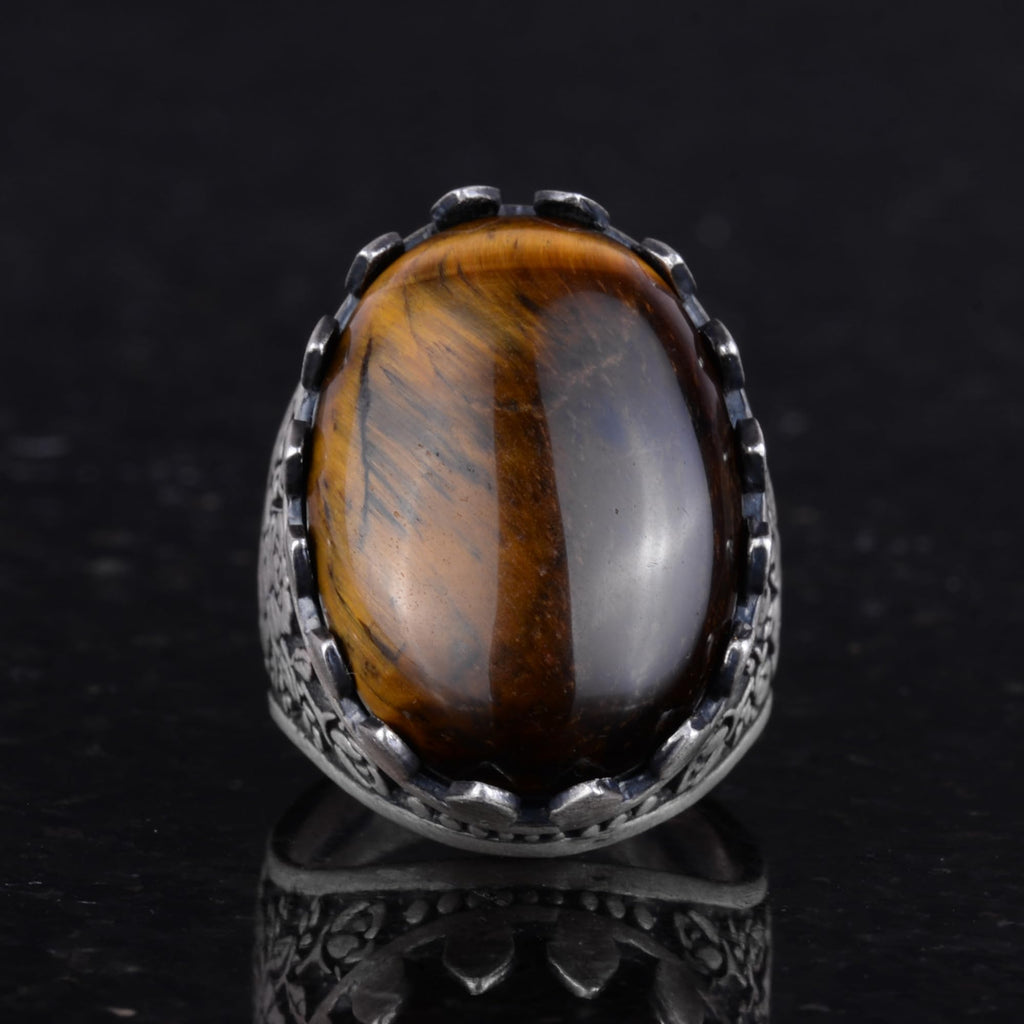 Natural Stone Ring - Rose Pattern Ring - 925 Sterling Silver - Handmade Large Ring (Tiger Eye) — 4
