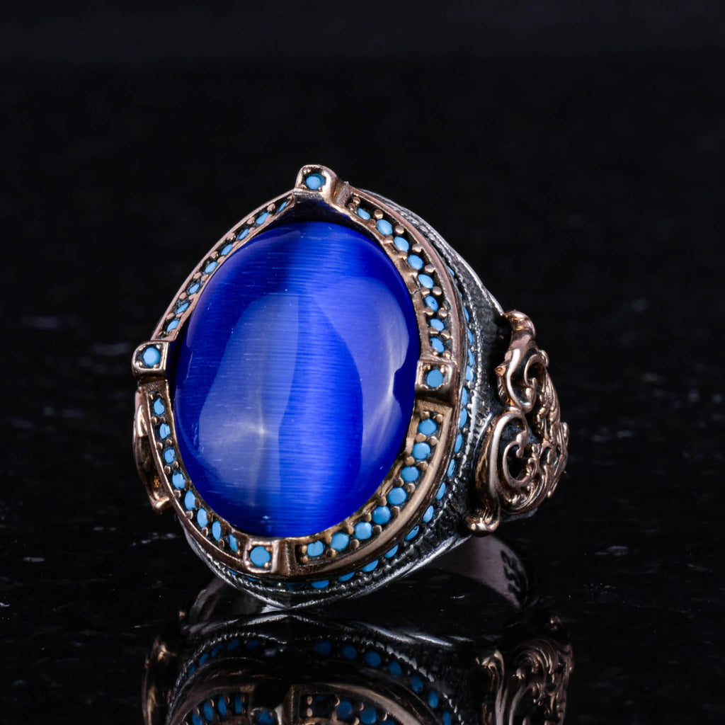 925 Sterling Silver Men's Ring, Blue Cat Eye Stone, Handmade Vintage Design Ring — 6
