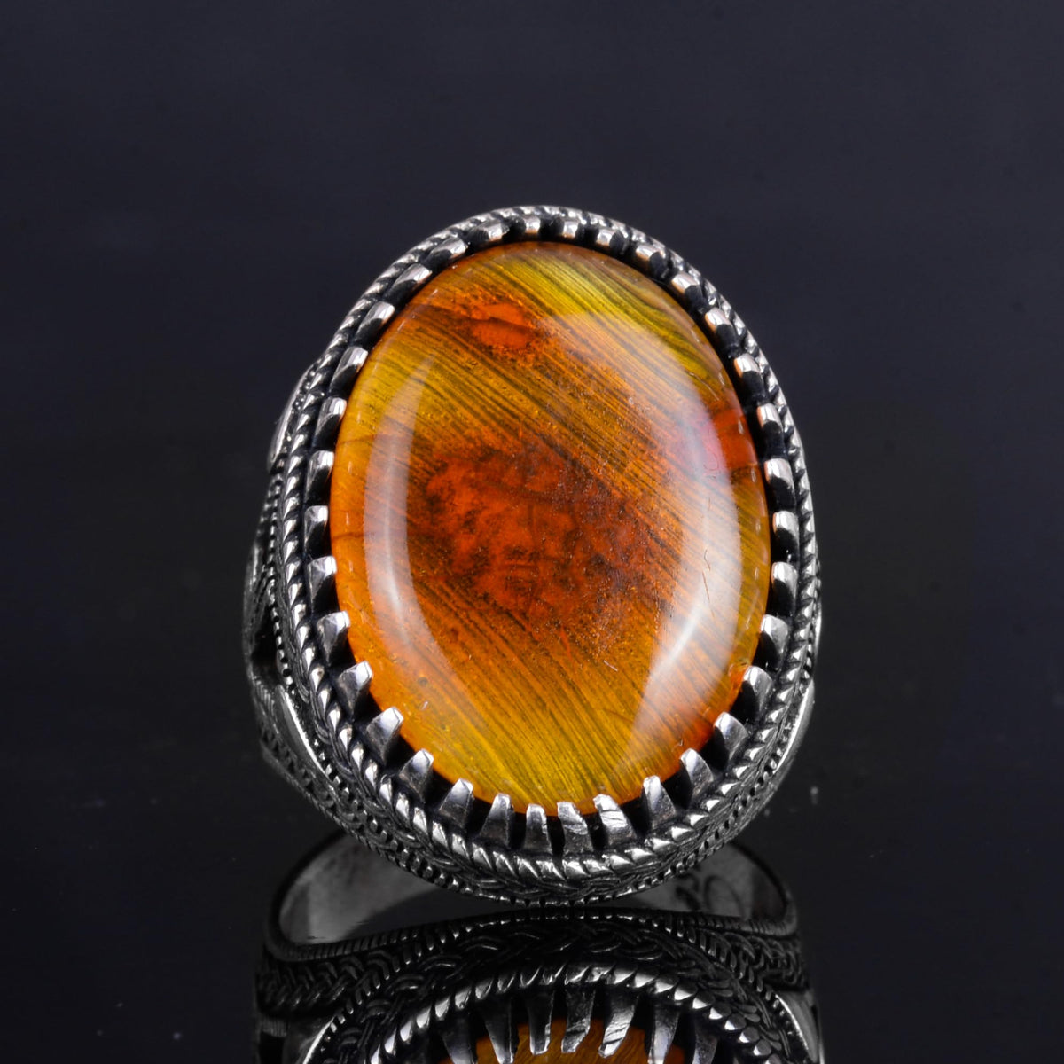 KAMBO Ottoman Tugra Design Natural Amber Stone Ring - 925 Sterling Silver Handmade (Model-2) — 4