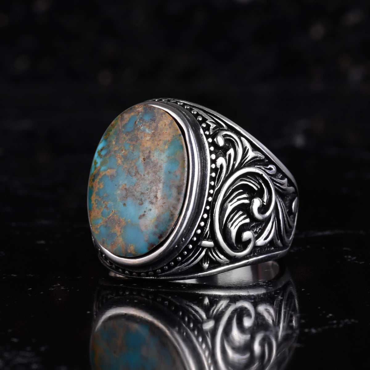 KAMBO Natural Turquoise Stone Men's Ring 925 Sterling Silver Oval Cabochon Ottoman Sliding Pattern Handmade Vintage Style Ring (Turquoise-4) — 5