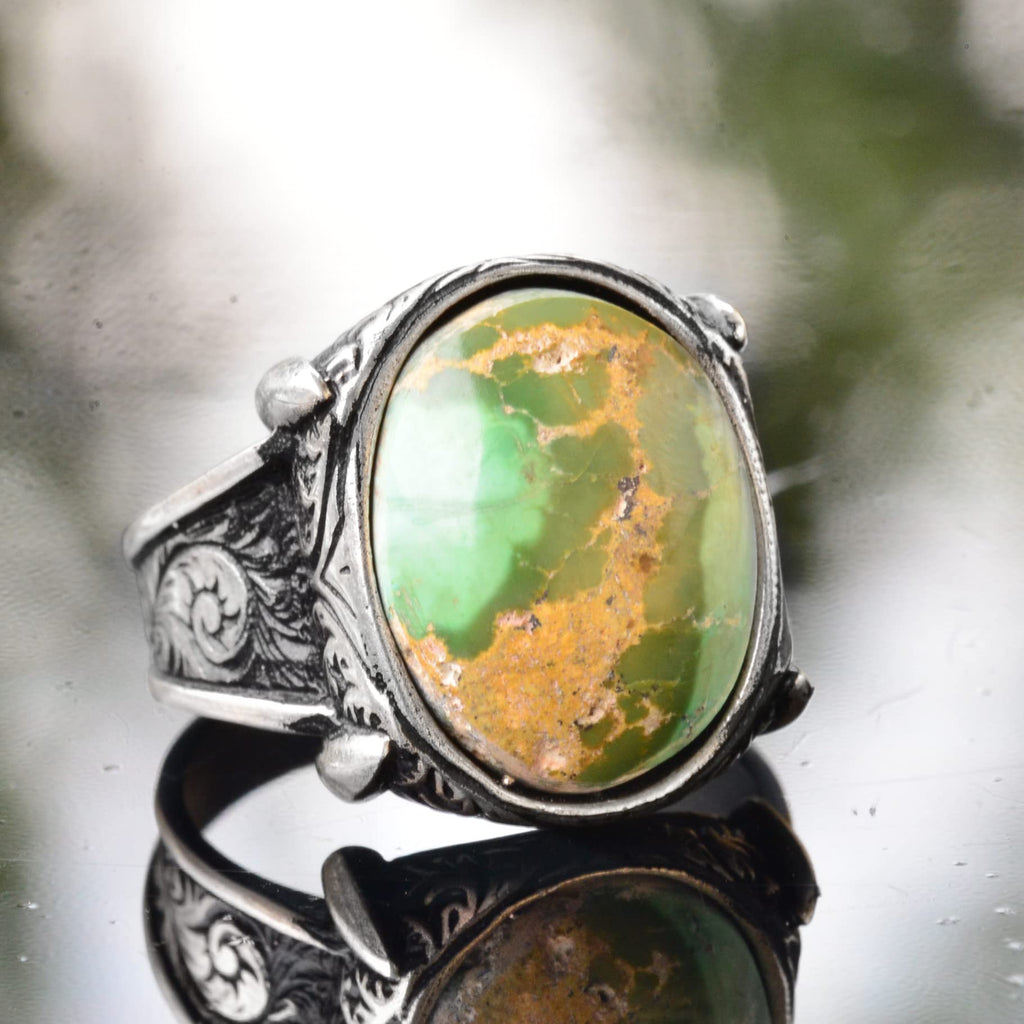 KAMBO Men's Handmade Turquoise Gemstone Ring in 925 Sterling Silver, Classic Vintage Style-3 Design, Statement Healing C