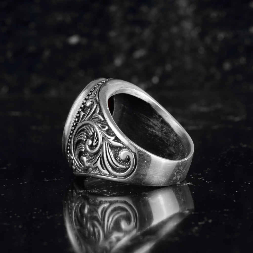 KAMBO Natural Agate Stone Men's Ring Intaglio Warrior Motif 925 Sterling Silver – Handmade Vintage Statement Seal Ring — 7