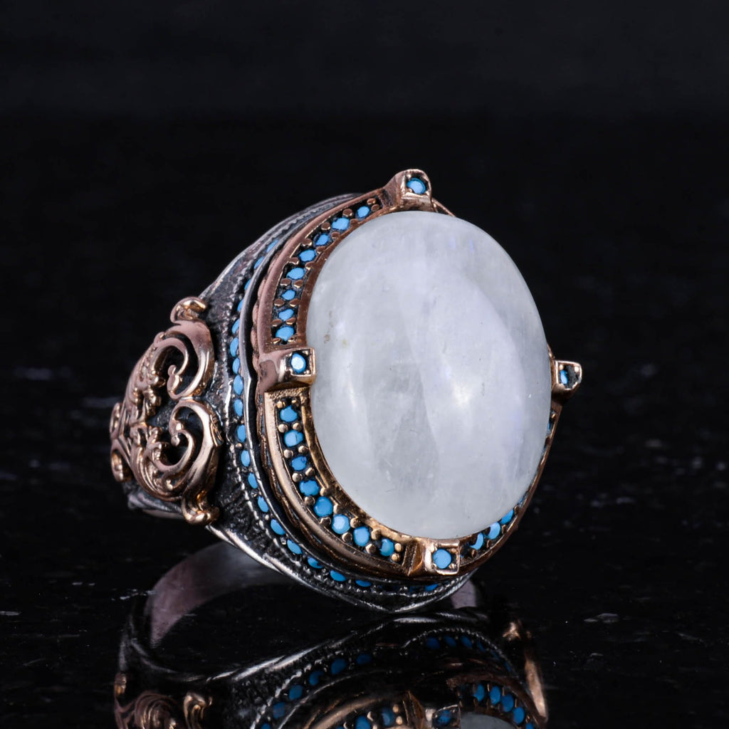925 Sterling Silver Ring with Natural Moonstone, Handmade Men's Ring, Vintage Design — 5