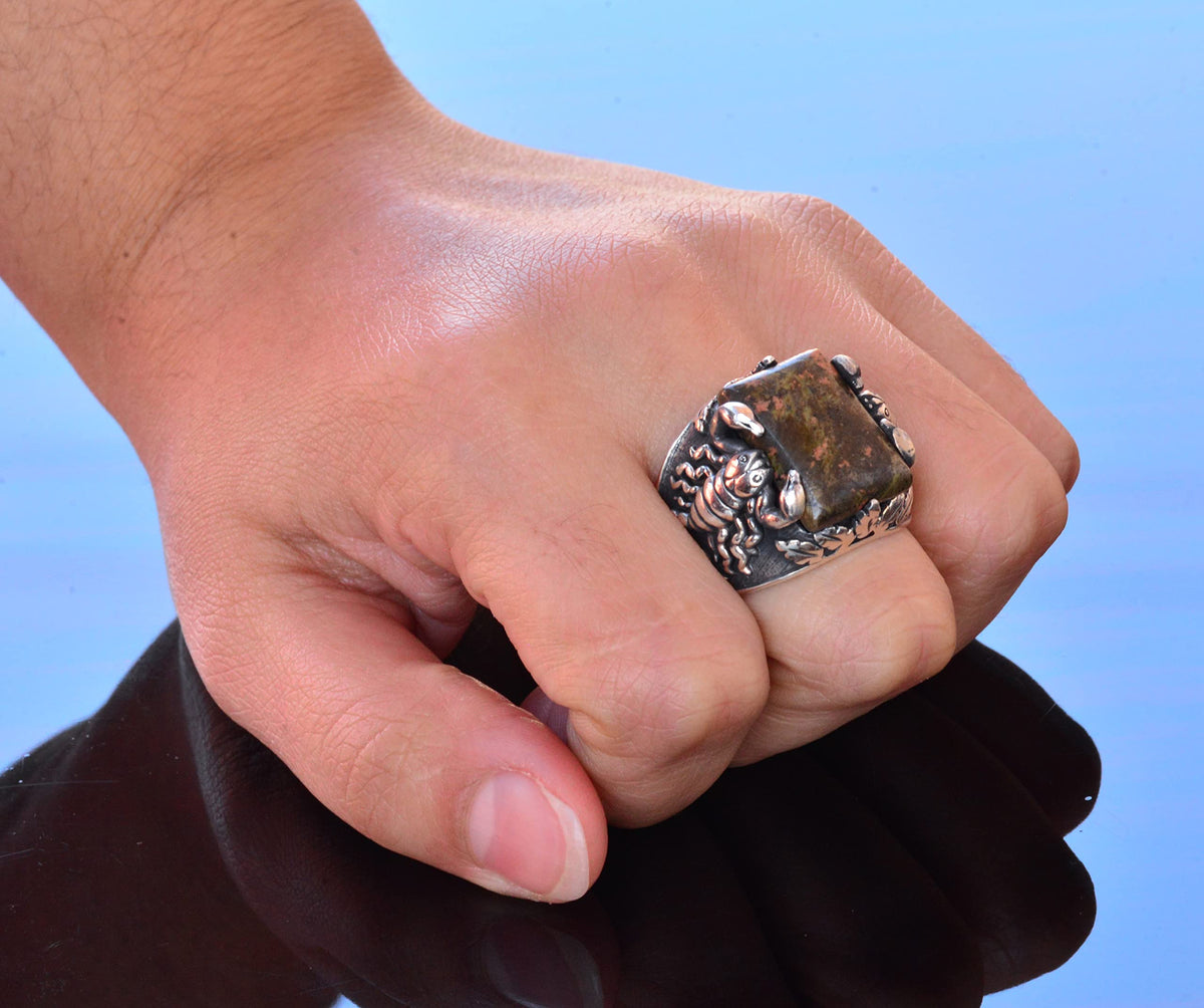 Natural Unakite Stone Scorpion Ring - 925 Sterling Silver — 7