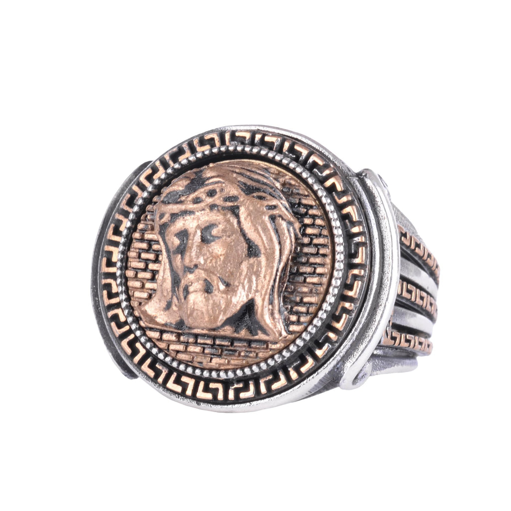 KAMBO 925 Sterling Silver Men's Ring Bronze Detailed Handmade Vintage Symbolic Statement Ring (Jesus Face)