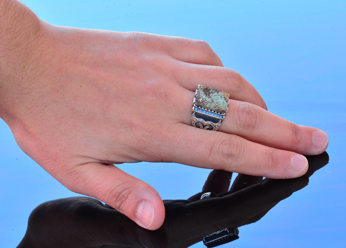 Natural Arizona Turquoise Stone Adjustable Silver Men's Ring — 6