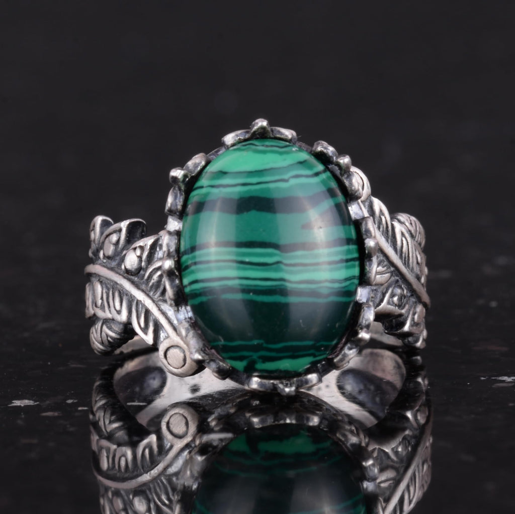Vintage Boho Design Silver Women's Ring with Natural Malachite Stone — 4