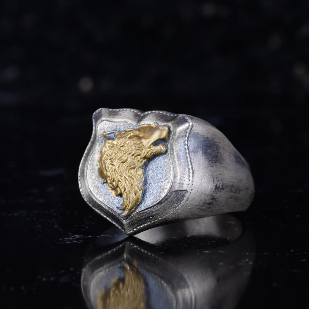KAMBO 925 Sterling Silver Wolf Head Ring – Handmade Men's Animal Symbol Ring – Bold Gothic Statement Jewelry – Protection and Strength Design (Gold Plated) — 6