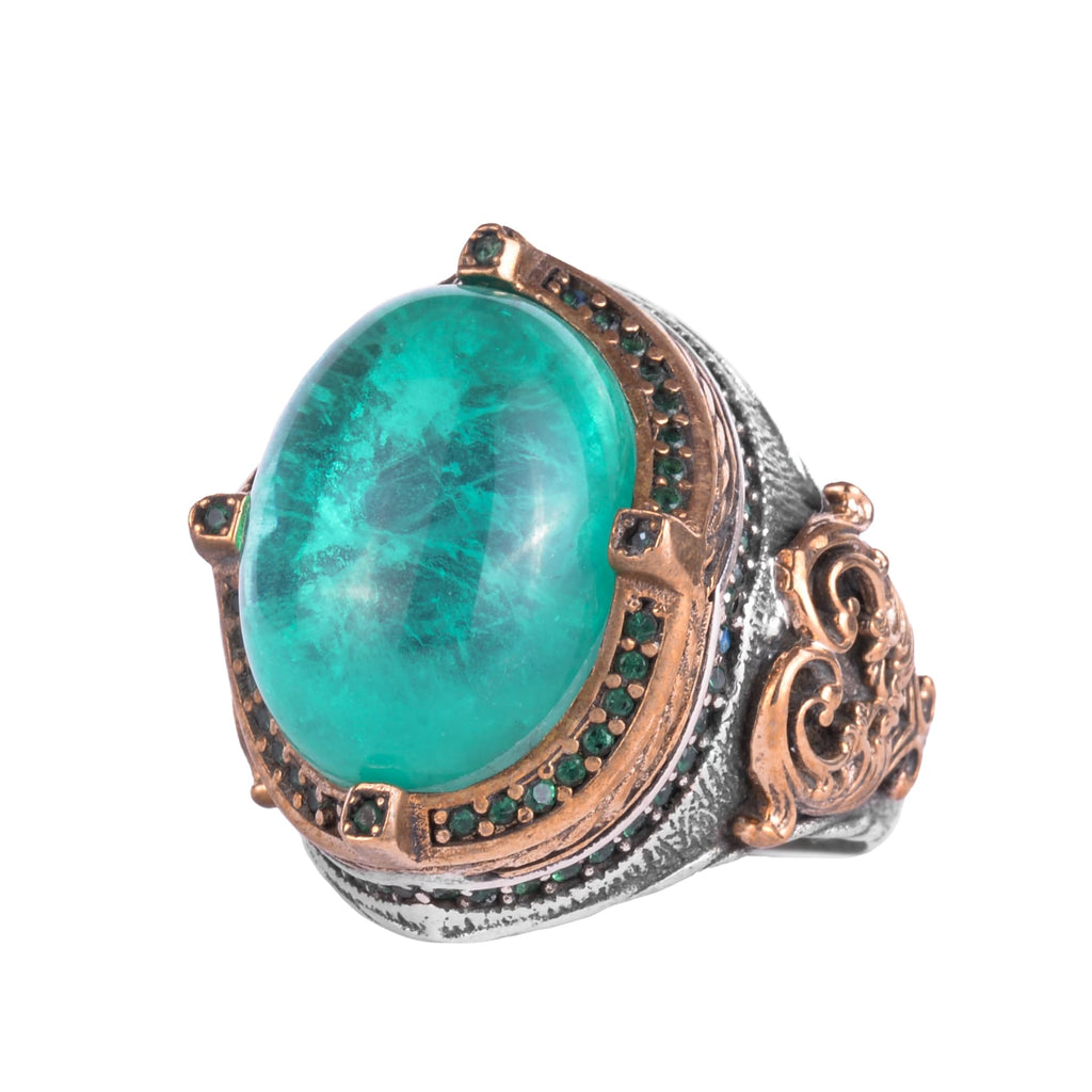 KAMBO Created Paraiba Stone Men's Ring – Oval Cabochon Green Stone – 925 Sterling Silver Handmade Statement Ring
