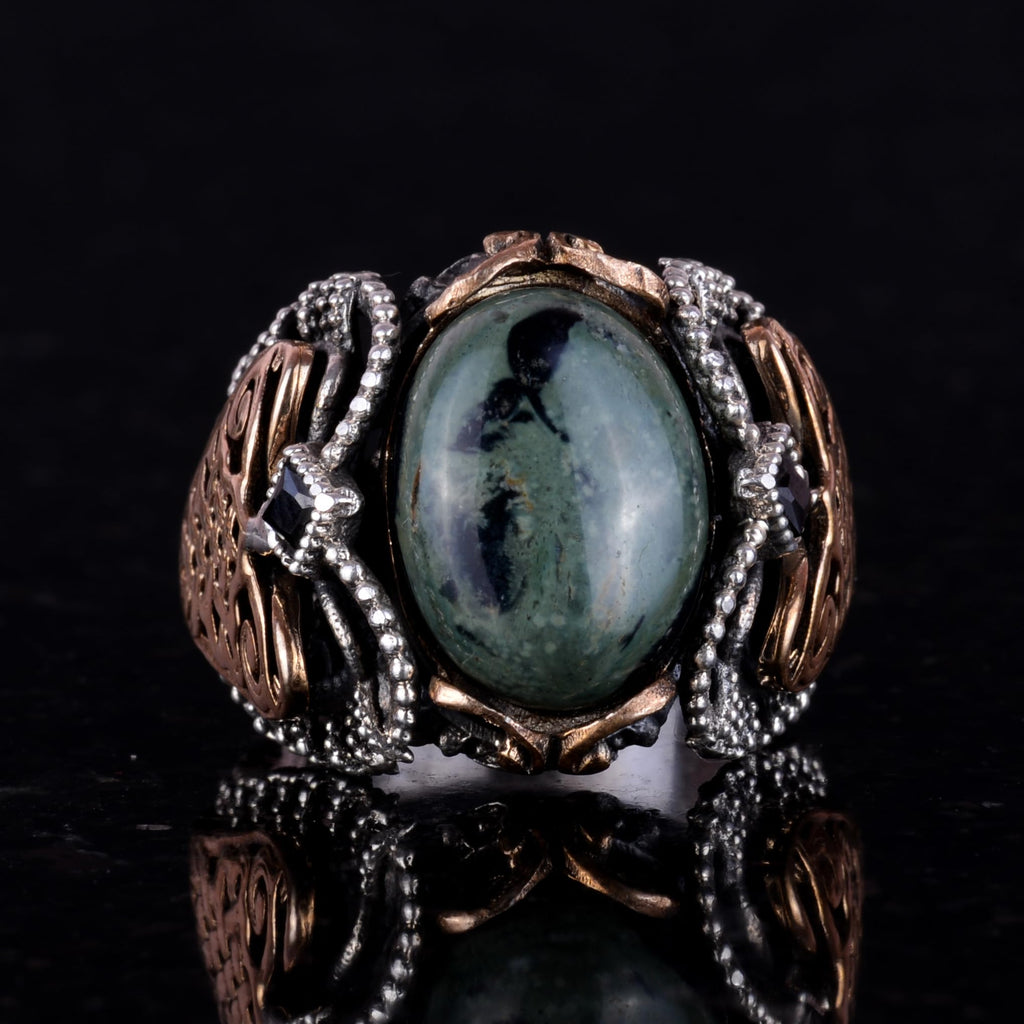 925 Sterling Silver Men's Ring, Handmade Natural Green Eye Stone Ring — 2